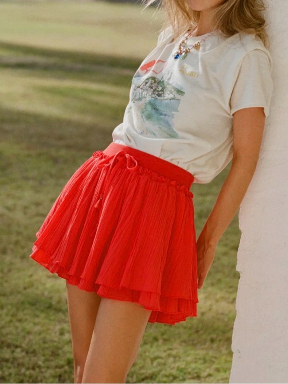 Aerie Gauze Bright Red Tiered Drawstring Skirt